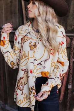 Sale Dear-Lover howdy Western Patterns Button up Loose Shirt Beige