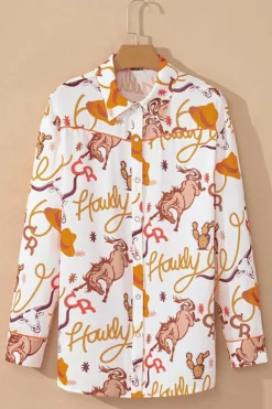 Sale Dear-Lover howdy Western Patterns Button up Loose Shirt Beige