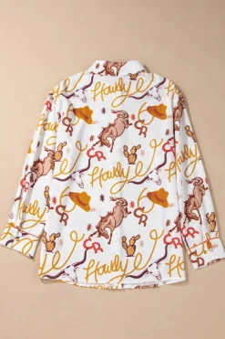 Sale Dear-Lover howdy Western Patterns Button up Loose Shirt Beige