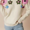 New Dear-Lover Knitted Flower Pattern Ribbed Edge Sweater Beige