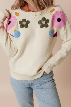 New Dear-Lover Knitted Flower Pattern Ribbed Edge Sweater Beige