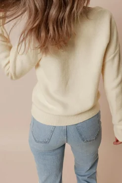 New Dear-Lover Knitted Flower Pattern Ribbed Edge Sweater Beige