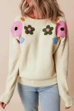 New Dear-Lover Knitted Flower Pattern Ribbed Edge Sweater Beige