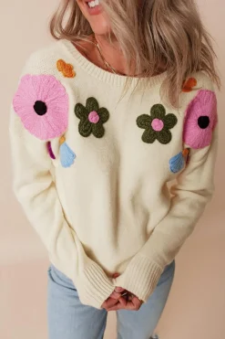 New Dear-Lover Knitted Flower Pattern Ribbed Edge Sweater Beige