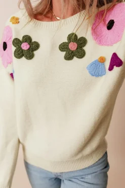 New Dear-Lover Knitted Flower Pattern Ribbed Edge Sweater Beige