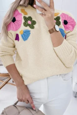 New Dear-Lover Knitted Flower Pattern Ribbed Edge Sweater Beige