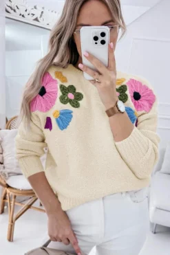 New Dear-Lover Knitted Flower Pattern Ribbed Edge Sweater Beige