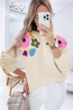 New Dear-Lover Knitted Flower Pattern Ribbed Edge Sweater Beige