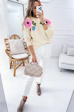 New Dear-Lover Knitted Flower Pattern Ribbed Edge Sweater Beige
