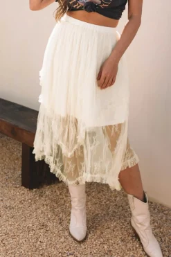 Hot Dear-Lover Lace Cascading Tiered High Waist Maxi Skirt Beige