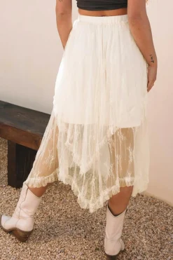 Hot Dear-Lover Lace Cascading Tiered High Waist Maxi Skirt Beige