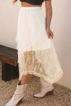Hot Dear-Lover Lace Cascading Tiered High Waist Maxi Skirt Beige