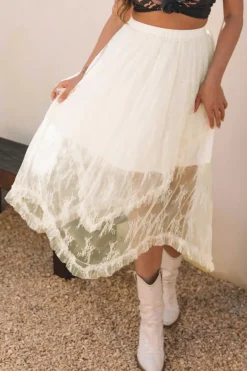 Hot Dear-Lover Lace Cascading Tiered High Waist Maxi Skirt Beige