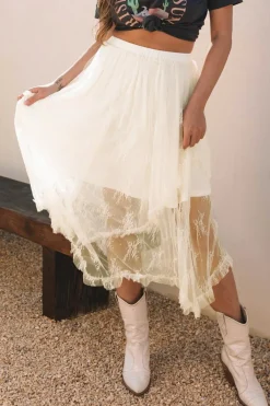 Hot Dear-Lover Lace Cascading Tiered High Waist Maxi Skirt Beige
