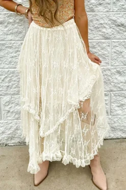 Hot Dear-Lover Lace Cascading Tiered High Waist Maxi Skirt Beige