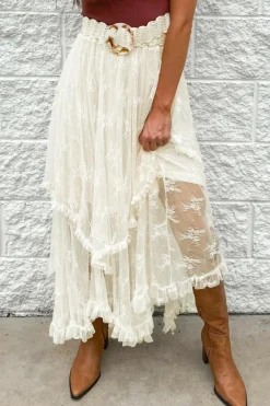 Hot Dear-Lover Lace Cascading Tiered High Waist Maxi Skirt Beige