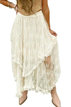 Hot Dear-Lover Lace Cascading Tiered High Waist Maxi Skirt Beige