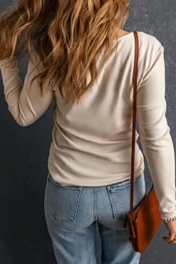 Discount Dear-Lover Lace Crochet V Neck Long Sleeve Top Beige