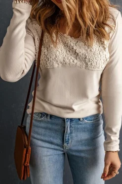 Discount Dear-Lover Lace Crochet V Neck Long Sleeve Top Beige