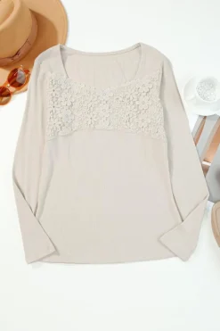 Discount Dear-Lover Lace Crochet V Neck Long Sleeve Top Beige