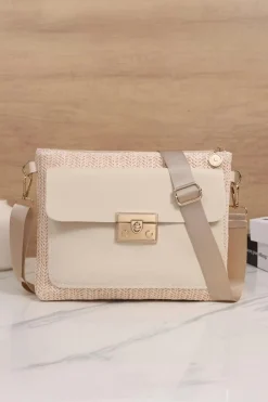 Online Dear-Lover Leather Pocket Patchwork Straw Woven Shoulder Bag Beige