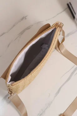 Online Dear-Lover Leather Pocket Patchwork Straw Woven Shoulder Bag Beige