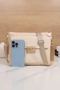 Online Dear-Lover Leather Pocket Patchwork Straw Woven Shoulder Bag Beige