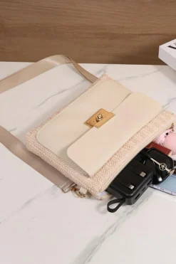 Online Dear-Lover Leather Pocket Patchwork Straw Woven Shoulder Bag Beige