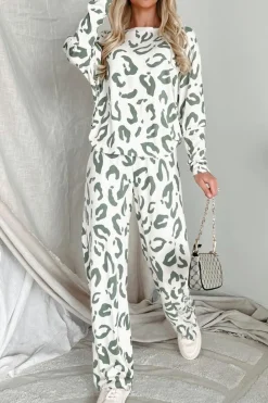 Sale Dear-Lover Leopard Animal Print Long Sleeve and Pants Loungewear Set Beige