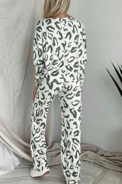 Sale Dear-Lover Leopard Animal Print Long Sleeve and Pants Loungewear Set Beige