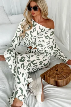 Sale Dear-Lover Leopard Animal Print Long Sleeve and Pants Loungewear Set Beige
