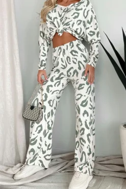 Sale Dear-Lover Leopard Animal Print Long Sleeve and Pants Loungewear Set Beige
