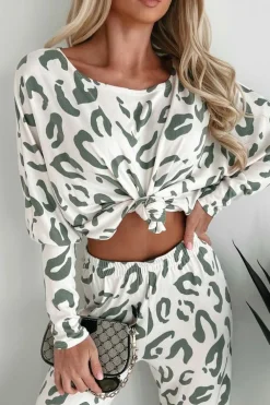 Sale Dear-Lover Leopard Animal Print Long Sleeve and Pants Loungewear Set Beige