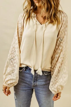 Fashion Dear-Lover Leopard Mesh Bubble Sleeve Split Neck Blouse Beige