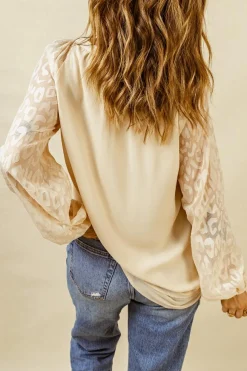 Fashion Dear-Lover Leopard Mesh Bubble Sleeve Split Neck Blouse Beige
