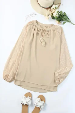 Fashion Dear-Lover Leopard Mesh Bubble Sleeve Split Neck Blouse Beige