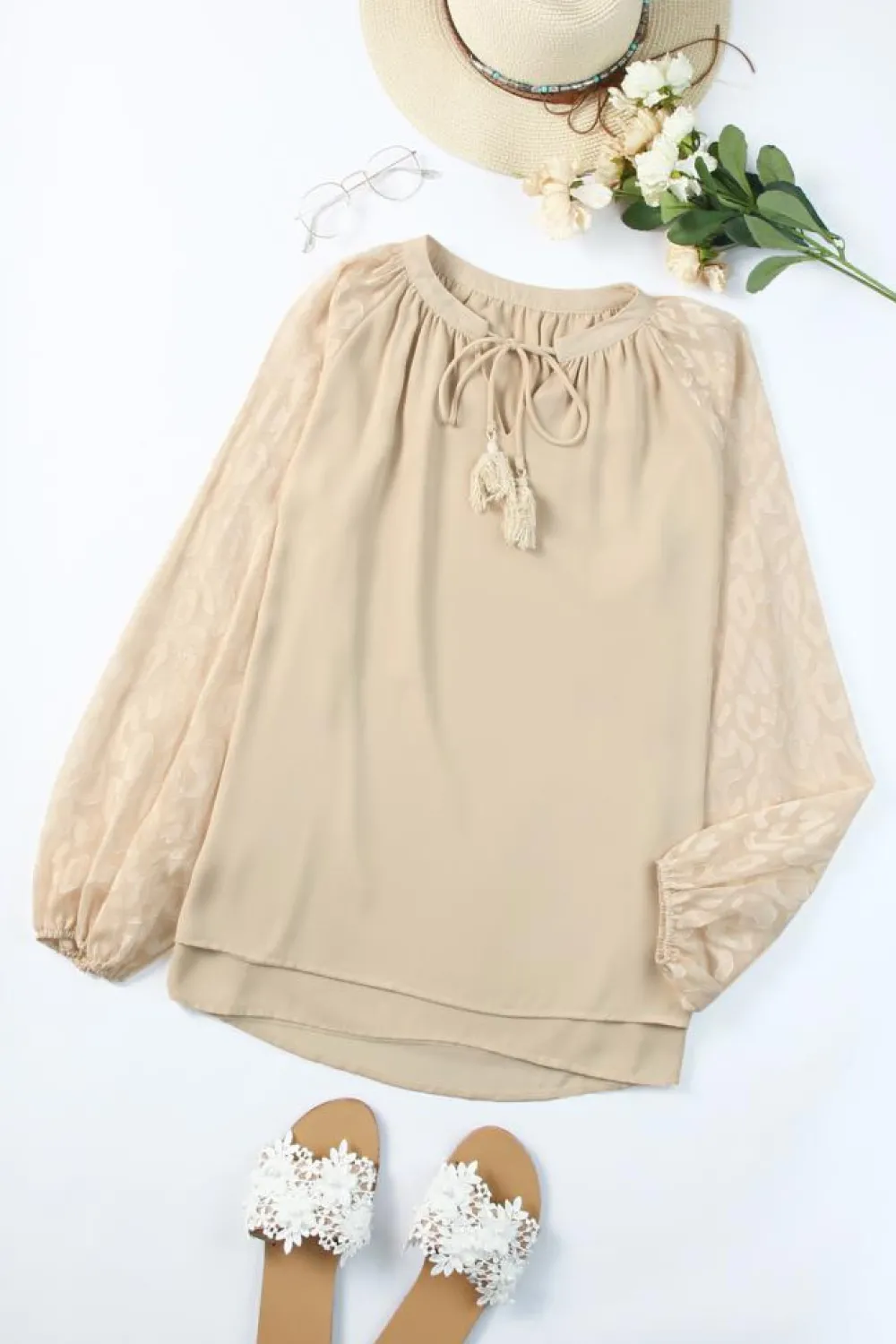 Fashion Dear-Lover Leopard Mesh Bubble Sleeve Split Neck Blouse Beige