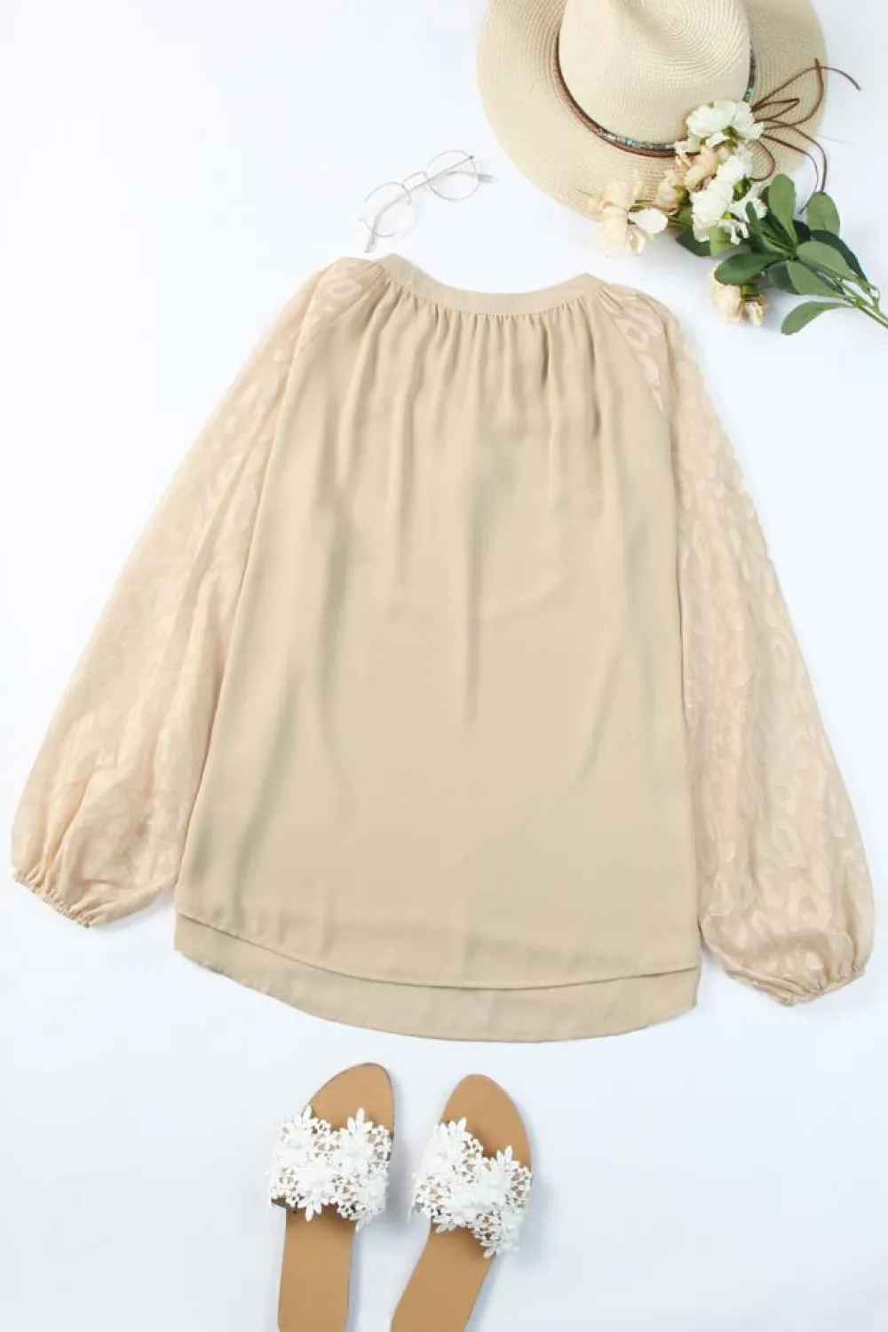 Fashion Dear-Lover Leopard Mesh Bubble Sleeve Split Neck Blouse Beige