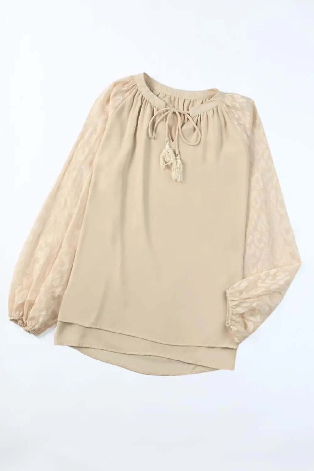 Fashion Dear-Lover Leopard Mesh Bubble Sleeve Split Neck Blouse Beige
