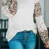 Sale Dear-Lover Leopard Print Bubble Sleeve Top Beige