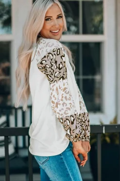 Sale Dear-Lover Leopard Print Bubble Sleeve Top Beige