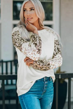 Sale Dear-Lover Leopard Print Bubble Sleeve Top Beige