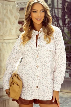 Fashion Dear-Lover Leopard Print Flap Pockets Buttoned Corduroy Shacket Beige