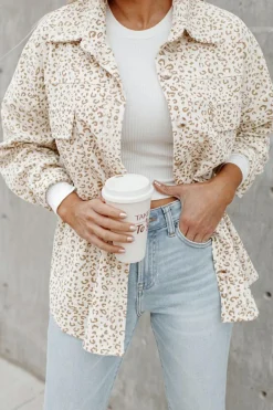 Fashion Dear-Lover Leopard Print Flap Pockets Buttoned Corduroy Shacket Beige
