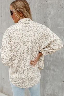 Fashion Dear-Lover Leopard Print Flap Pockets Buttoned Corduroy Shacket Beige