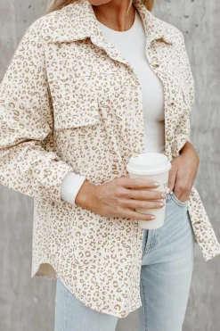 Fashion Dear-Lover Leopard Print Flap Pockets Buttoned Corduroy Shacket Beige