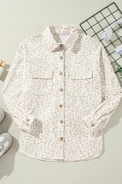 Fashion Dear-Lover Leopard Print Flap Pockets Buttoned Corduroy Shacket Beige