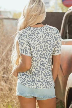 Fashion Dear-Lover Leopard Round Neck Lace Trim Petal Sleeve T Shirt Beige