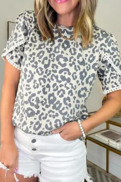Fashion Dear-Lover Leopard Round Neck Lace Trim Petal Sleeve T Shirt Beige