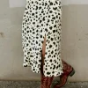 New Dear-Lover Leopard Spots Printed Split Hem Midi Skirt Beige